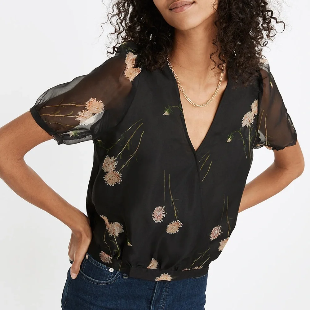 Silk Organza Puff-Sleeve Wrap Top in Aster Portrait